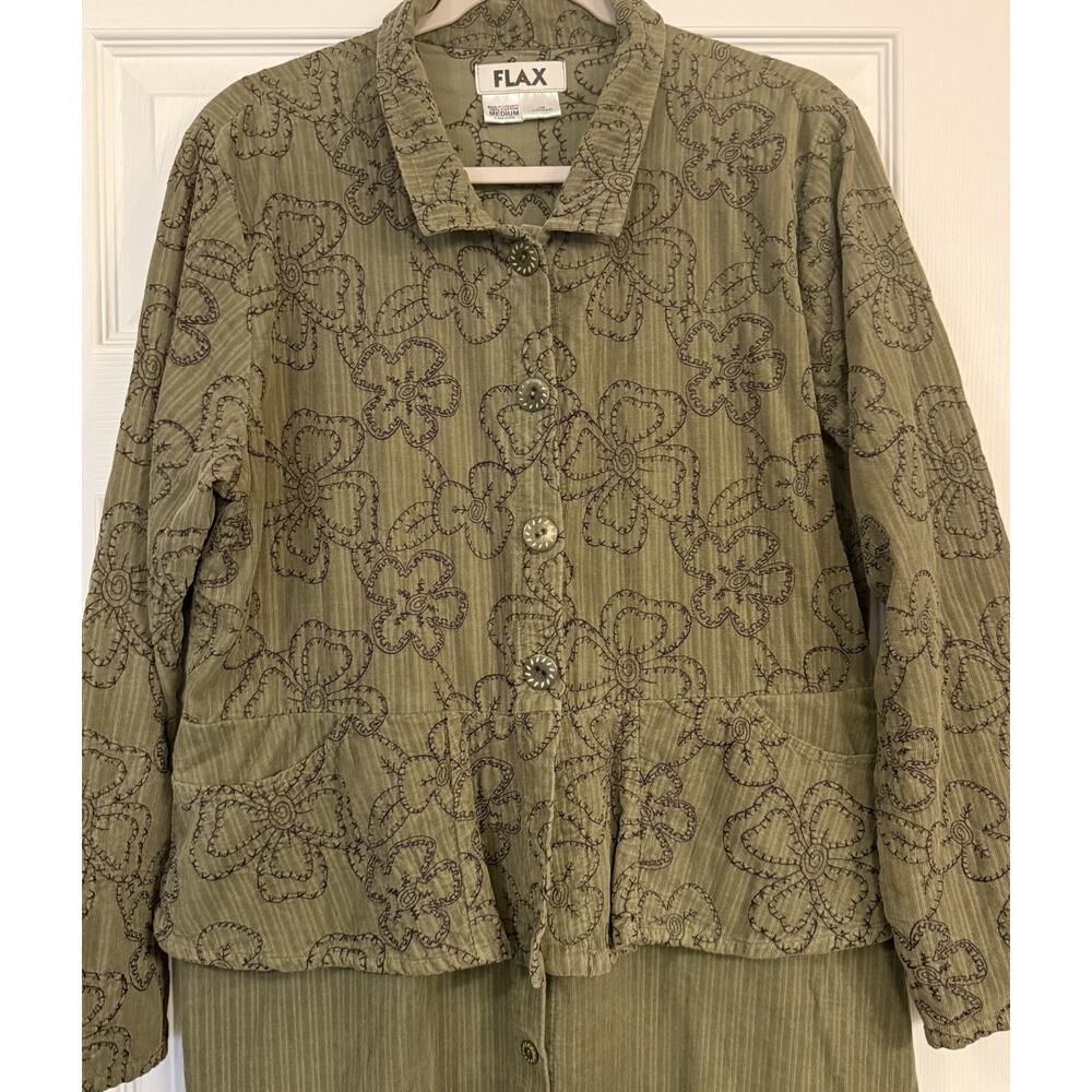 VTG Flax Shirt Dress‎ MED Green Corduroy Floral Embroidery 100% Cotton Lagenlook - Picture 3 of 14